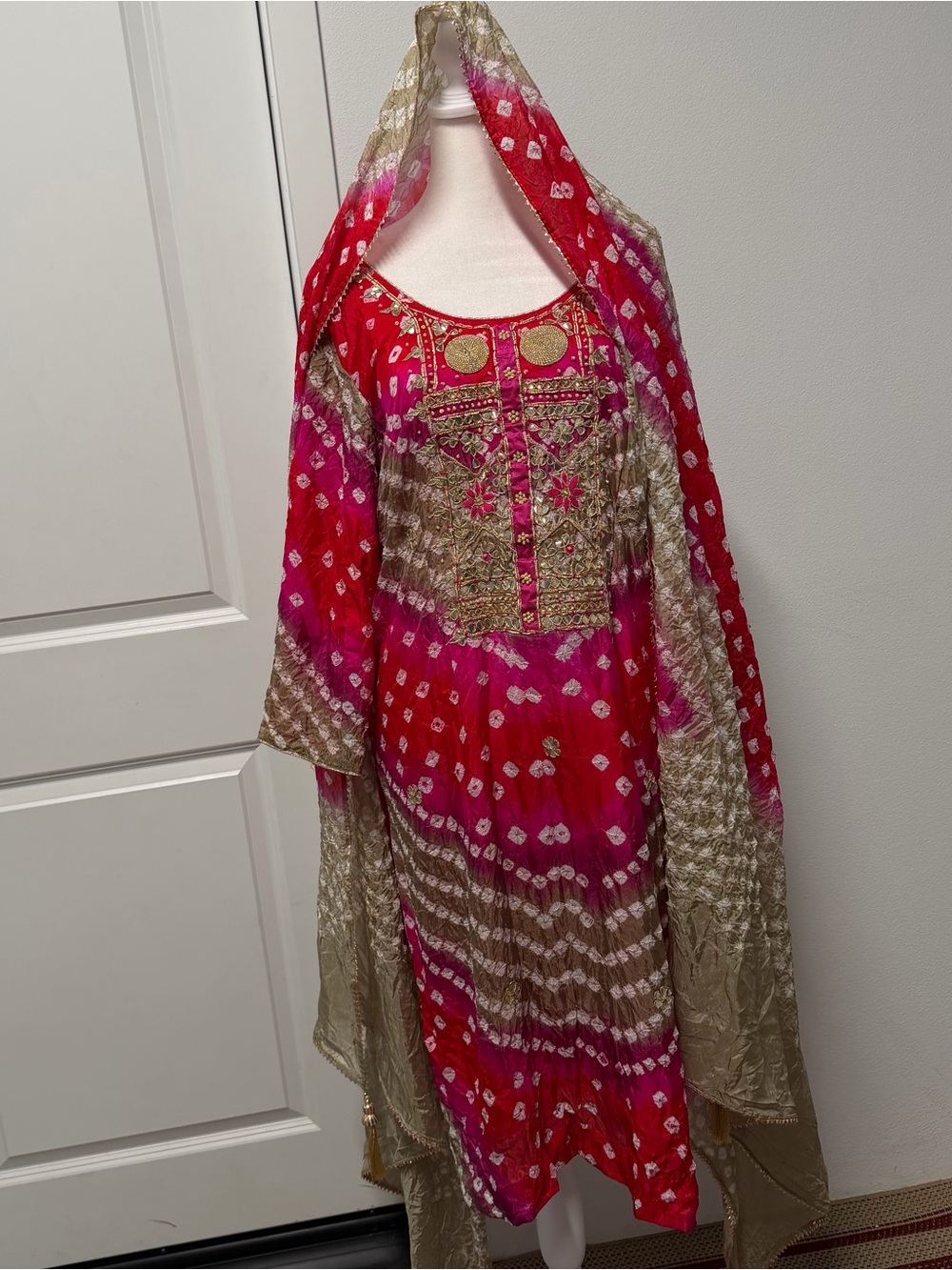 Bold Pink Bandhani Punjabi Salwar Kameez Set with Gold Dupatta